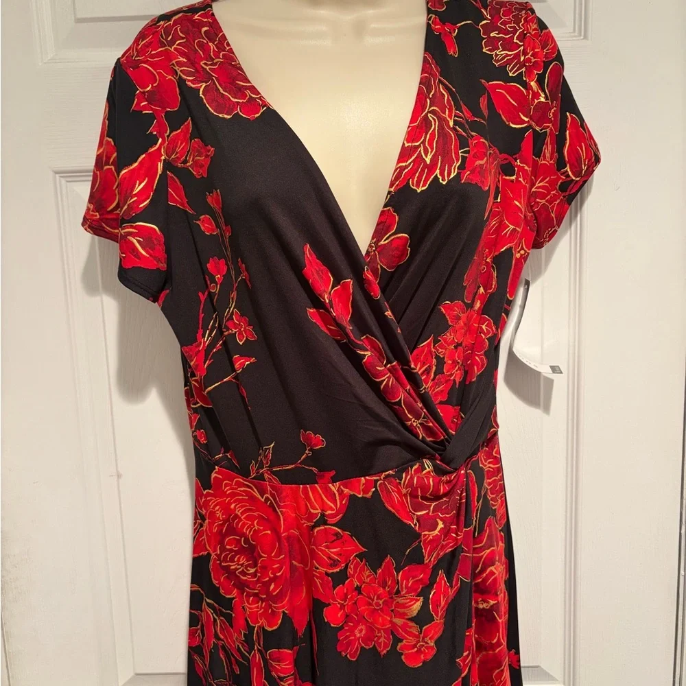 Perceptions NY NWT Floral Faux Wrap Midi Dress Medium Black Red Wedding Guest - Picture 3 of 11